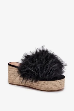 Damskie Boto Klapki Damskie Na Koturnie Z Futerkiem I Plecionką Czarne Virela