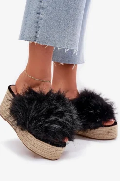 Damskie Boto Klapki Damskie Na Koturnie Z Futerkiem I Plecionką Czarne Virela