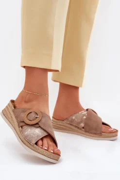 Best INBLU Klapki Damskie Na Koturnie Z Ozdobną Klamrą RV000012 Brązowe Brązowy