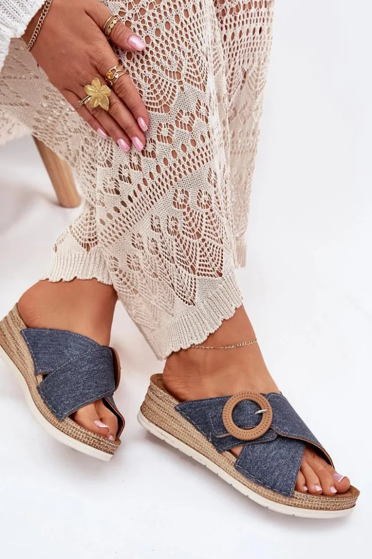 Damskie INBLU Klapki Damskie Na Koturnie Z Ozdobną Klamrą RV000012 e