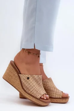 Damskie Buty Sergio Leone Klapki Damskie Na Koturnie Sergio Leone KL213 Beżowe