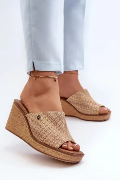 Damskie Buty Sergio Leone Klapki Damskie Na Koturnie Sergio Leone KL213 Beżowe