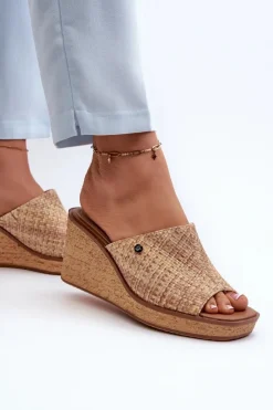 Damskie Buty Sergio Leone Klapki Damskie Na Koturnie Sergio Leone KL213 Beżowe