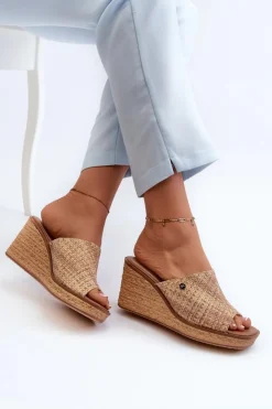 Damskie Buty Sergio Leone Klapki Damskie Na Koturnie Sergio Leone KL213 Beżowe