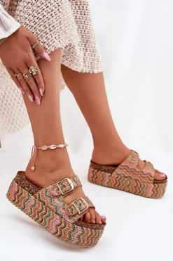New Boto Klapki Damskie Na Masywnej Platformie Z Plecionką I Klamrami Multikolor Eradriana Wielokolorowy