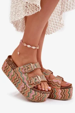 New Boto Klapki Damskie Na Masywnej Platformie Z Plecionką I Klamrami Multikolor Eradriana Wielokolorowy