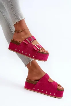 Online Boto Klapki Damskie Na Masywnej Platformie Z Klamrami Fuksja Cremila