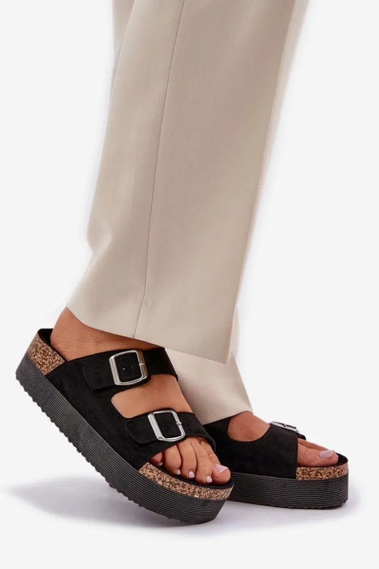 Boto Klapki Korkowe|Klapki Na Platformie*Klapki Damskie Na Masywnej Platformie Z Klamrami Czarne Aramia Czarny