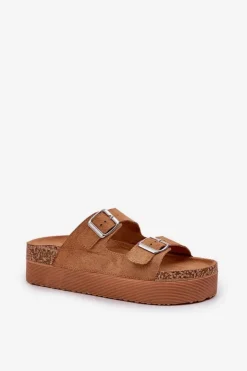 Discount Boto Klapki Damskie Na Masywnej Platformie Z Klamrami Camel Aramia Brązowy