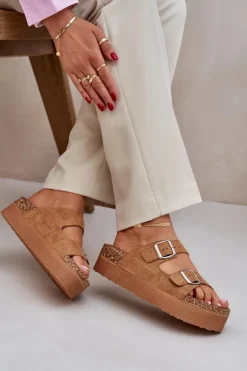 Discount Boto Klapki Damskie Na Masywnej Platformie Z Klamrami Camel Aramia Brązowy