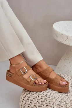 Discount Boto Klapki Damskie Na Masywnej Platformie Z Klamrami Camel Aramia Brązowy