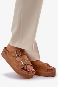 Discount Boto Klapki Damskie Na Masywnej Platformie Z Klamrami Camel Aramia Brązowy