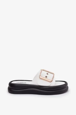 Damskie Boto Klapki Damskie Na Masywnej Platformie Z Ozdobną Klamrą Białe Zelori