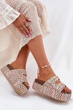 Damskie Boto Klapki Damskie Na Masywnej Platformie Z Plecionką I Klamrami Multikolor Eradriana