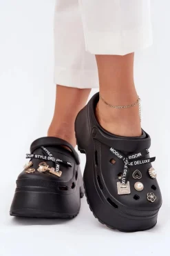 Online Boto Klapki Damskie Na Masywnej Platformie Z Przypinkami Czarne Vivira