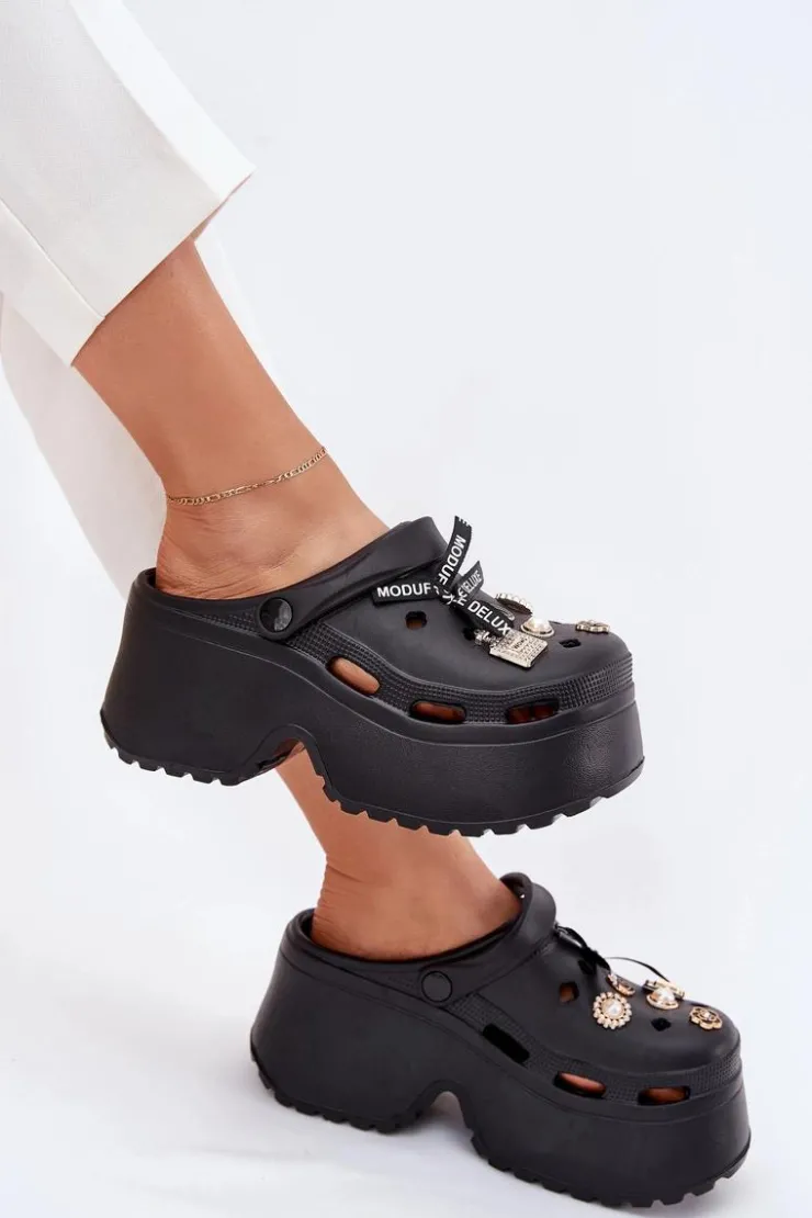 Online Boto Klapki Damskie Na Masywnej Platformie Z Przypinkami Czarne Vivira