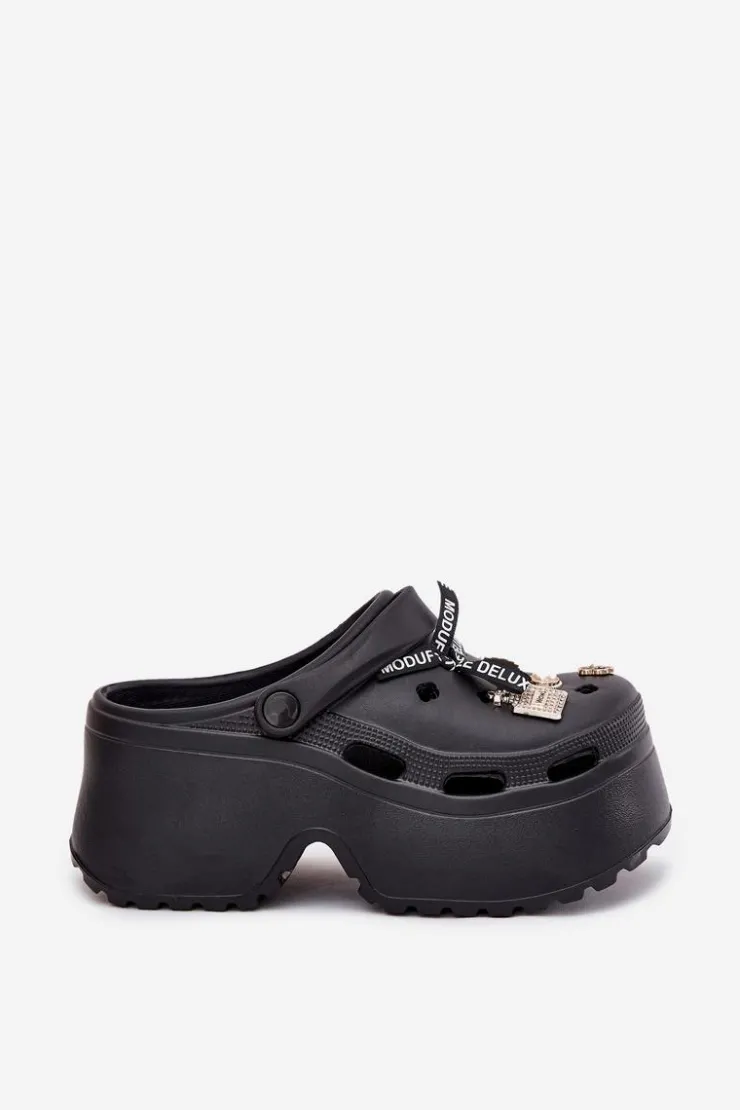 Online Boto Klapki Damskie Na Masywnej Platformie Z Przypinkami Czarne Vivira