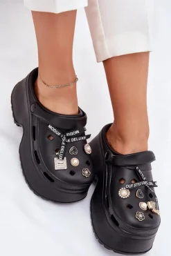 Online Boto Klapki Damskie Na Masywnej Platformie Z Przypinkami Czarne Vivira