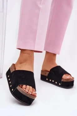 Boto Klapki Damskie Na Masywnej Platformie Eko Zamszowe Czarne Vinnibe