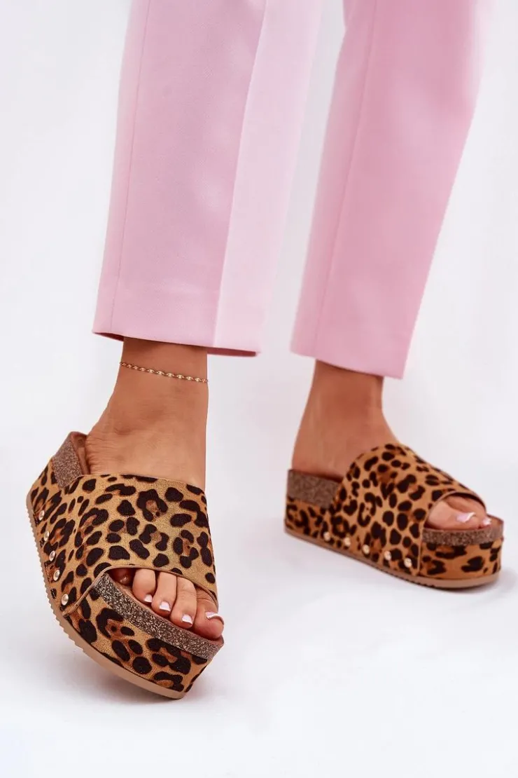 Boto Klapki Korkowe|Klapki Na Platformie*Klapki Damskie Na Masywnej Platformie Eko Zamszowe Panterka Brązowe Vinnibe