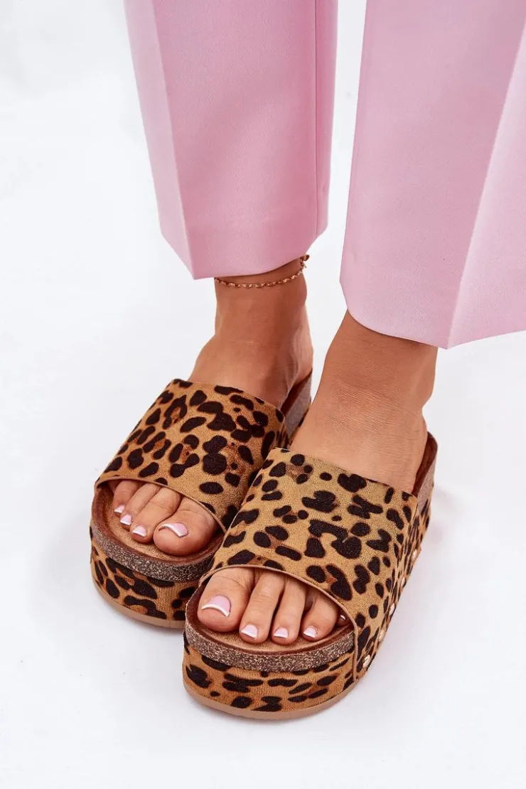 Boto Klapki Korkowe|Klapki Na Platformie*Klapki Damskie Na Masywnej Platformie Eko Zamszowe Panterka Brązowe Vinnibe