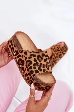 Boto Klapki Korkowe|Klapki Na Platformie*Klapki Damskie Na Masywnej Platformie Eko Zamszowe Panterka Brązowe Vinnibe