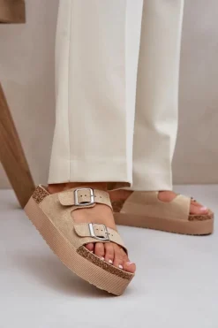 Damskie Boto Klapki Damskie Na Masywnej Platformie Z Klamrami Beżowe Aramia