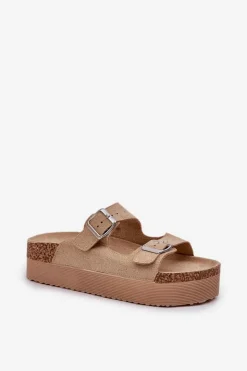 Damskie Boto Klapki Damskie Na Masywnej Platformie Z Klamrami Beżowe Aramia