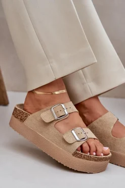 Damskie Boto Klapki Damskie Na Masywnej Platformie Z Klamrami Beżowe Aramia