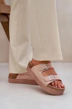 Damskie Boto Klapki Damskie Na Masywnej Platformie Z Klamrami Różowe Aramia