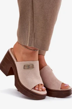 Buty damskie Vinceza Klapki Na Obcasie*Klapki Damskie Na Masywnym Obcasie Ze Złotym Detalem Vinceza 17400 Beżowe Beżowy