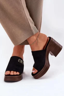 Damskie Buty damskie Vinceza Klapki Damskie Na Masywnym Obcasie Ze Złotym Detalem Vinceza 17400 Czarne