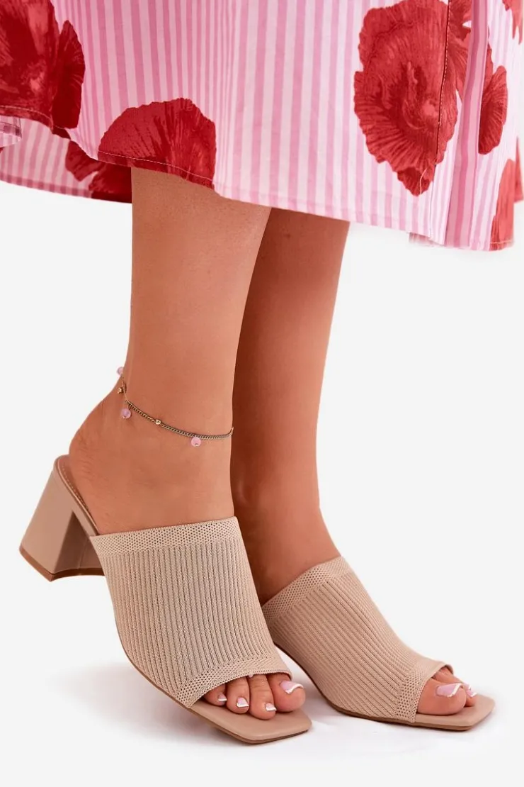 Outlet Boto Klapki Damskie Na Obcasie Typu Słupek Beżowe Wenilan Beżowy