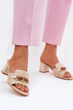 Boto Klapki Damskie Na Obcasie Z Ozdobą Beżowe Ovittole Beżowy