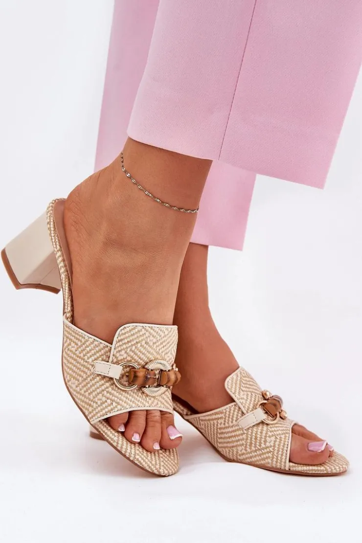 Boto Klapki Damskie Na Obcasie Z Ozdobą Beżowe Ovittole Beżowy