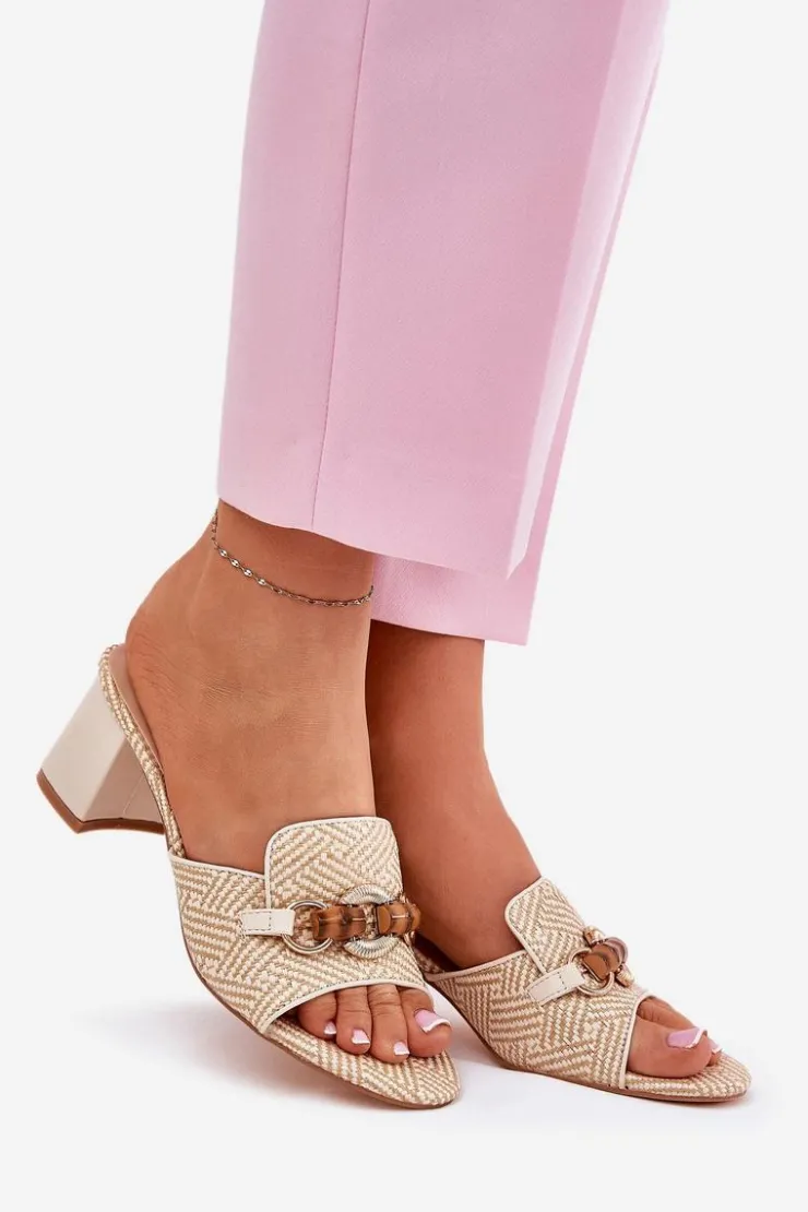 Boto Klapki Damskie Na Obcasie Z Ozdobą Beżowe Ovittole Beżowy