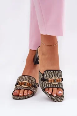 Damskie Boto Klapki Damskie Na Obcasie Z Ozdobą Czarne Ovittole