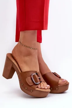 Hot Evento Klapki Damskie Na Obcasie Słupku Z Klamrą Brązowe Betinna