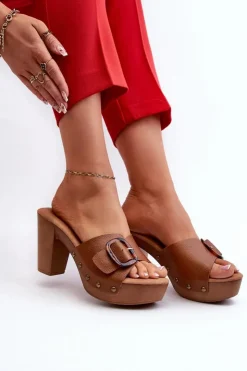 Hot Evento Klapki Damskie Na Obcasie Słupku Z Klamrą Brązowe Betinna