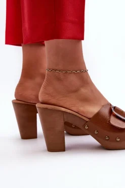 Hot Evento Klapki Damskie Na Obcasie Słupku Z Klamrą Brązowe Betinna