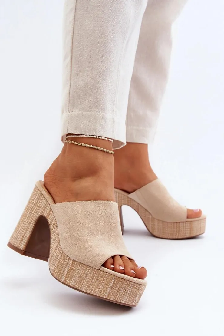 Outlet Boto Klapki Damskie Na Obcasie Słupku Beżowe Siobhan