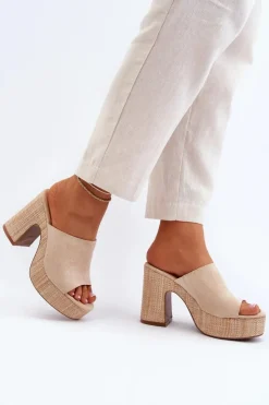 Outlet Boto Klapki Damskie Na Obcasie Słupku Beżowe Siobhan