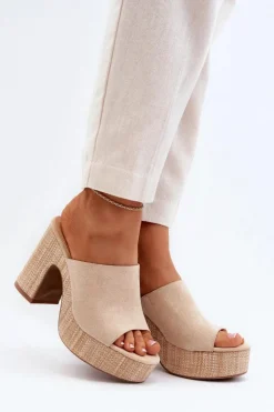 Outlet Boto Klapki Damskie Na Obcasie Słupku Beżowe Siobhan