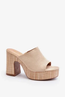 Outlet Boto Klapki Damskie Na Obcasie Słupku Beżowe Siobhan