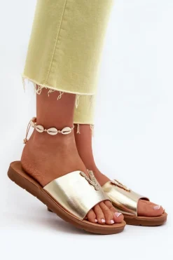 Damskie Boto Klapki Damskie Na Płaskiej Podeszwie Z Ozdobą Eko Skórzane Złote Makia