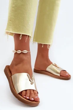 Damskie Boto Klapki Damskie Na Płaskiej Podeszwie Z Ozdobą Eko Skórzane Złote Makia