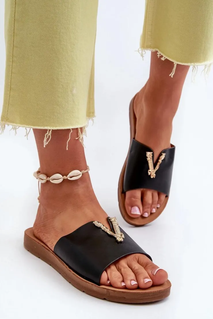 Boto Klapki Damskie Klasyczne*Klapki Damskie Na Płaskiej Podeszwie Z Ozdobą Eko Skórzane Czarne Makia