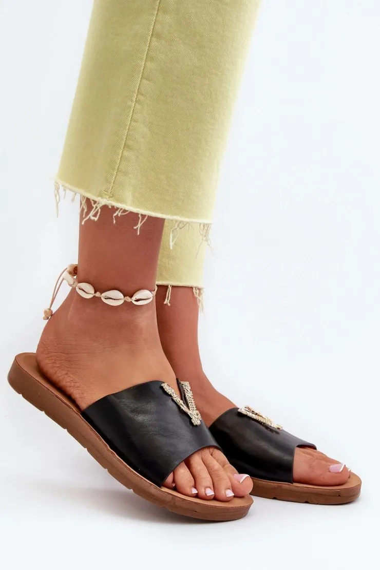 Boto Klapki Damskie Klasyczne*Klapki Damskie Na Płaskiej Podeszwie Z Ozdobą Eko Skórzane Czarne Makia