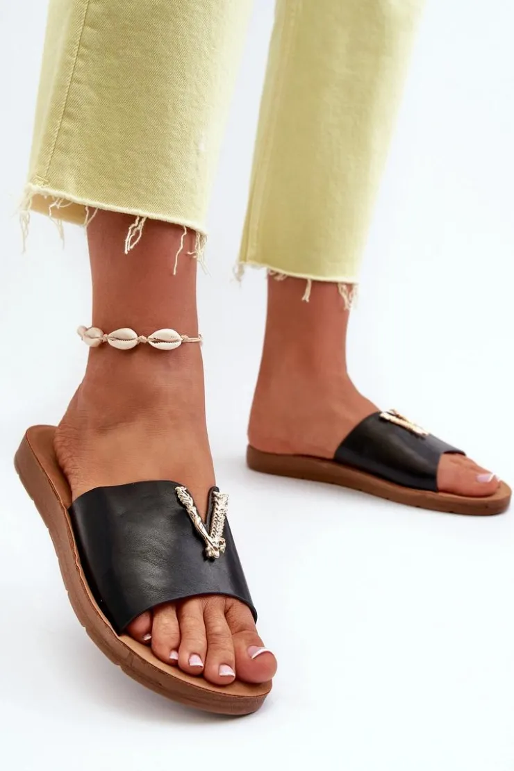 Boto Klapki Damskie Klasyczne*Klapki Damskie Na Płaskiej Podeszwie Z Ozdobą Eko Skórzane Czarne Makia