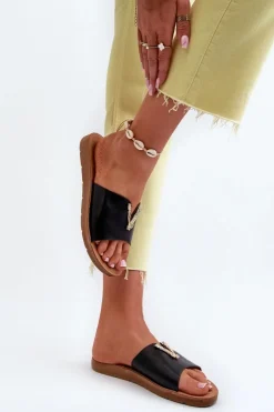 Boto Klapki Damskie Klasyczne*Klapki Damskie Na Płaskiej Podeszwie Z Ozdobą Eko Skórzane Czarne Makia